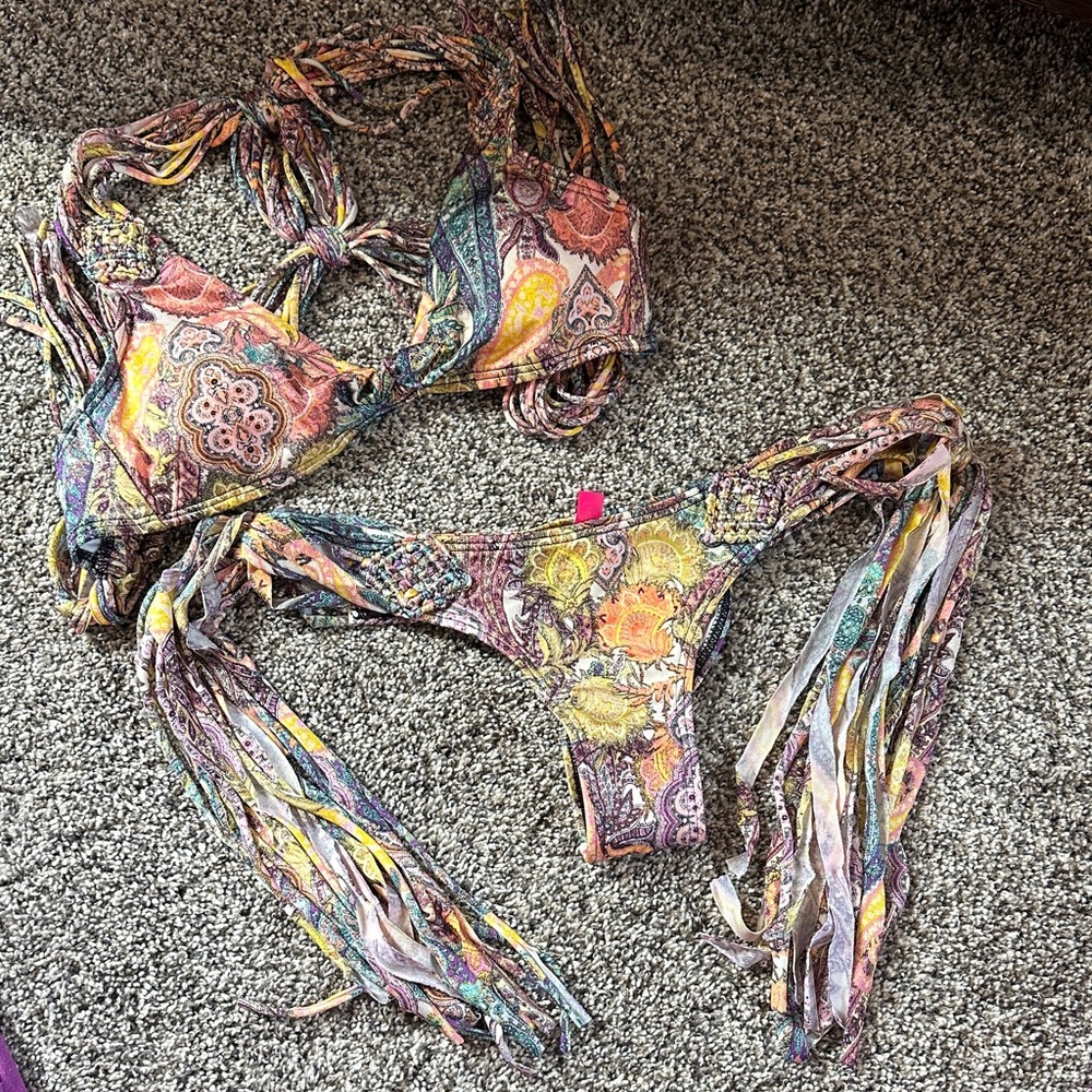 VS Paisley Print Fringe Tie-Side Bikini - Multicolor
